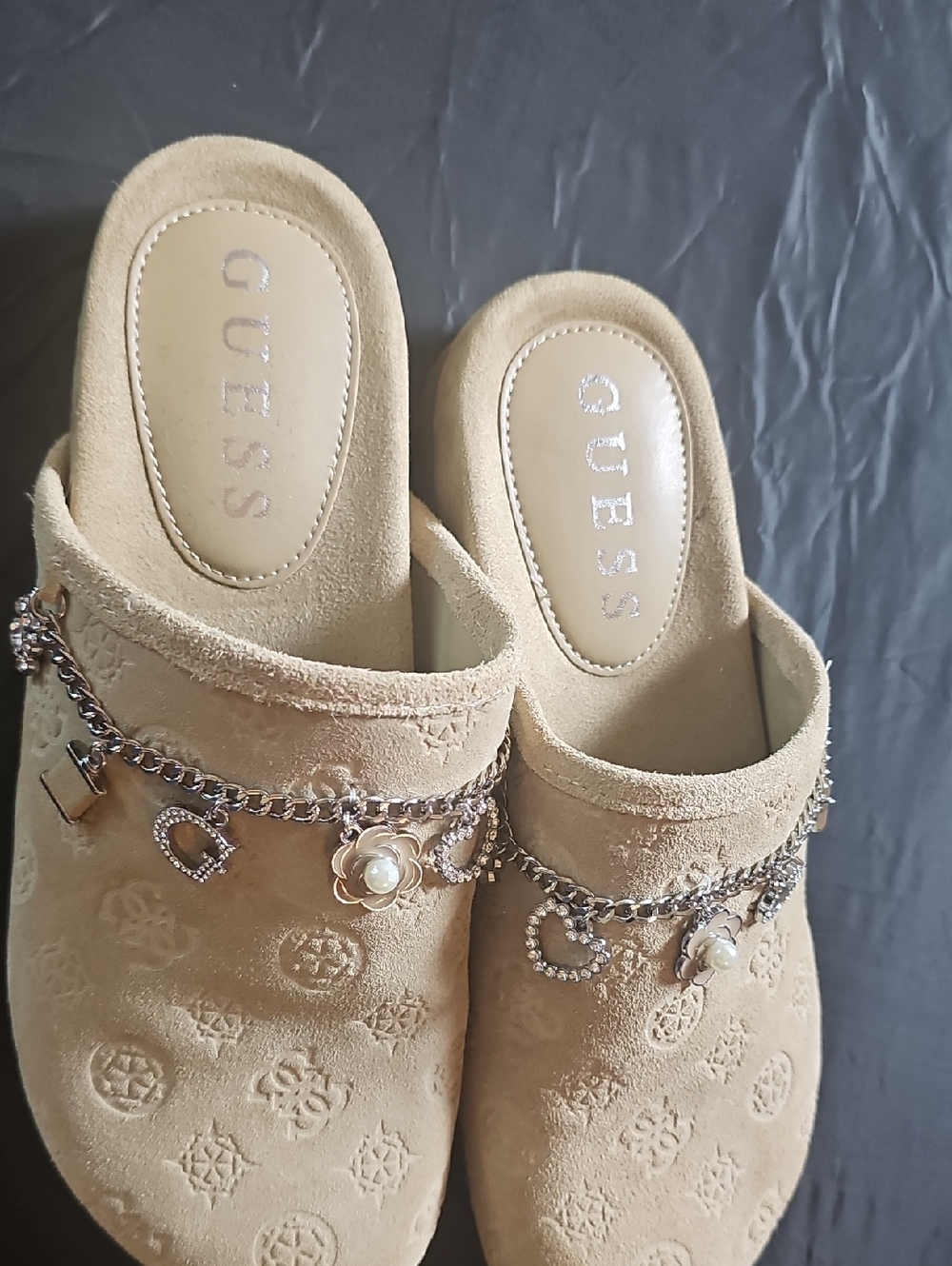GUESS Tan Suede Slip-On Mules with Chain & Pearl Charms